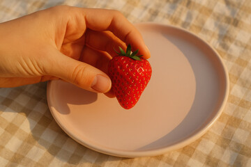 Hand holding fresh strawberry over minimalistic plate in warm sunlight