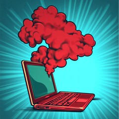 A comic book style imitation of a smoking broken laptop in pop art retro modern illustration