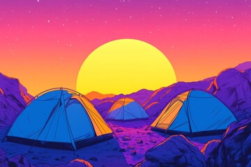 Camping with a tent is an outdoor activity depicted in a pop art collage style with neon bold colors, generated by AI
