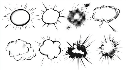 A pop art style collection featuring blank comic bubbles and elements with black shadows is available, including comic speech and abstract creative modern white blank bubble comic text, along with a