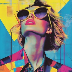 A vibrant '80s-inspired pop collage illustration featuring a fashion model wearing sunglasses set against a lively pattern, reminiscent of retro summer travel posters and embodying the essence of