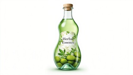A curvy glass bottle filled with light green liquid labeled Herbal Essence, featuring botanical illustrations, green olives, and a wooden cork on a white background.