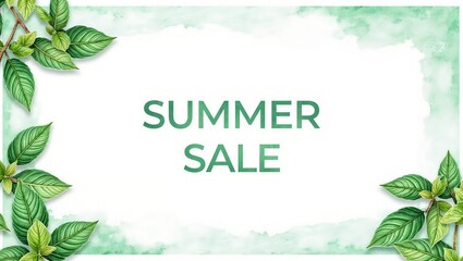 Centered text reading 'SUMMER SALE' in green on a white background. Green leaves form a border, with a light green watercolor effect in the background.