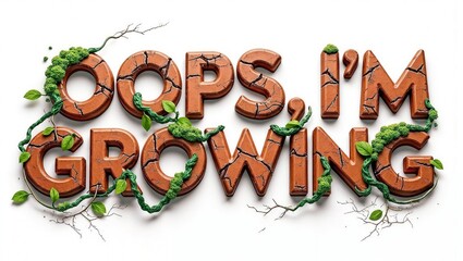 The phrase 'Oops, I'm Growing' in cracked terracotta like letters with vines, leaves, and moss growing through, set against a white background.