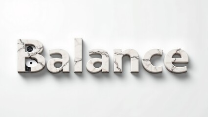 The word Balance appears in bold 3D marble texture with a black circular element and white sphere in the letter B, set against a minimalist white background.