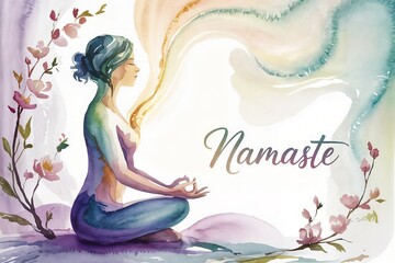 A serene woman sits cross legged in a meditative pose with a mudra gesture, surrounded by pink blossoms, green leaves, and a colorful energy swirl.