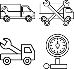 Delivery truck with crossed wrenches icon isolated on white background
