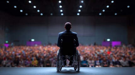 Equality public speaking wheelchair using speaker addressing large diverse audience in conference hall inspirational leadership and representation in communication empowering message delivery