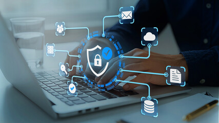 Secure data protection and network security systems. VPN connections and zero trust security. Man...
