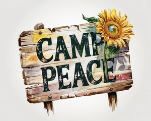A weathered wooden sign with bold green Camp Peace text and a sunflower on the right. The plain light background highlights the handmade design.
