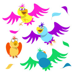 Set of funny colored birds with different expression,open or close mouth and spread or folded wings. Cartoon vector illustration on white background.