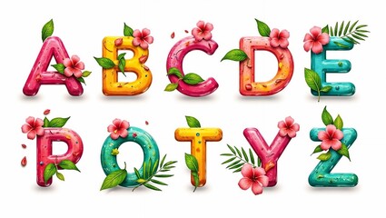 Colorful letters styled with a candy like texture, adorned with pink hibiscus flowers, green leaves, and water droplets on a white background.