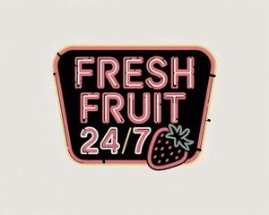 Bright pink and white neon sign with text FRESH FRUIT 24 or 7, a yellow border, and a stylized strawberry graphic on a black background.