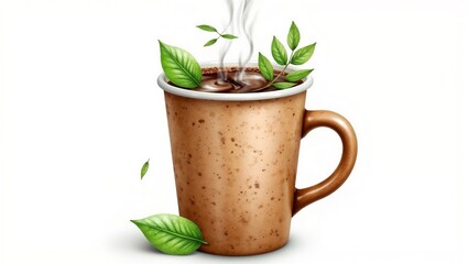 A speckled ceramic mug filled with steaming coffee, surrounded by vibrant green leaves. The white background highlights the natural and organic theme.