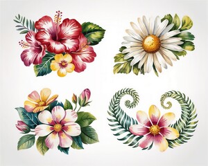 Four floral arrangements featuring hibiscus, daisy, blossoms, and ferns. Vibrant colors and intricate details stand out against a white background.