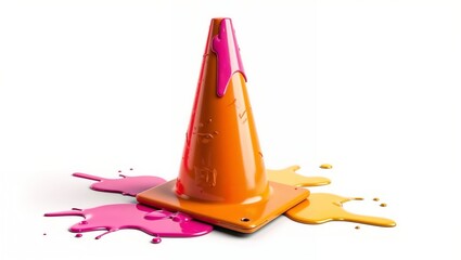 A bright orange traffic cone with pink and yellow paint dripping down its surface, pooling at the base, set against a clean white background.