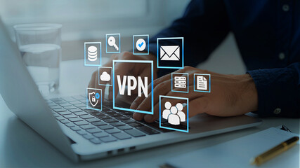 Secure data protection and network security systems. VPN connections and zero trust security. Man...