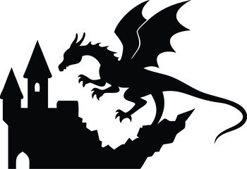 Obraz premium Dragon Attacking Castle Silhouette - Fantasy Creature Vector Art