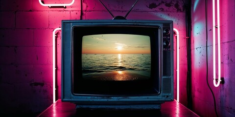 TV screen display television fluorescent halogen luminescent neon luminous glow pink purple light retro vintage effect grunge texture wall background room interior design