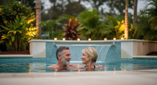 Mature caucasian couple enjoying evening swim in tropical poolside retreat