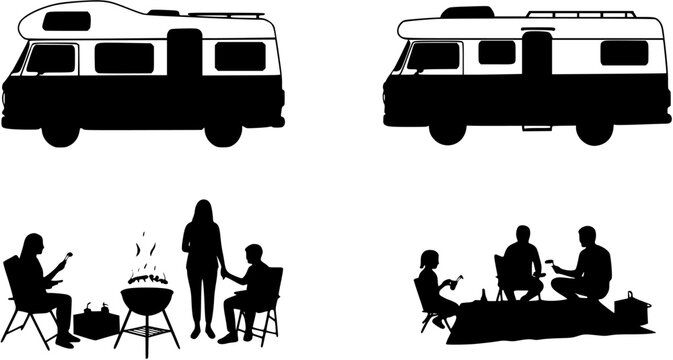 Silhouette of camper van family bbq picnic outdoors
