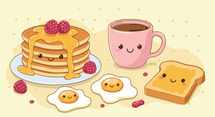 Cute Breakfast Clipart – Pancakes, Coffee & Egg Smiles