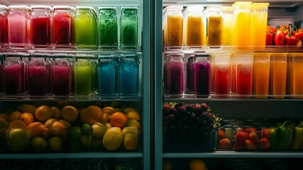 A refrigerator filled with colorful juices and fresh fruits. The shelves display various jars of drinks and a variety of fruits like oranges and apples.