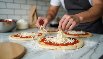 Pizzero preparando una pizza en un restaurante italiano. Masa con tomate y mozzarella