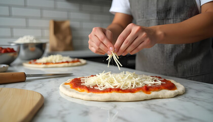 Pizzero preparando una pizza en un restaurante italiano. Masa con tomate y mozzarella