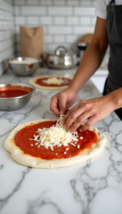 Pizzero preparando una pizza en un restaurante italiano. Masa con tomate y mozzarella