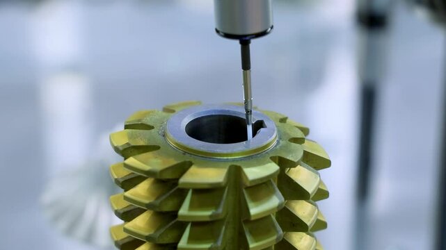 Coordinate measuring machine probe inspecting a gear milling cutter for precision in a factory environment.