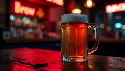 "Craft beer with foam overflowing, rustic wooden bar background."