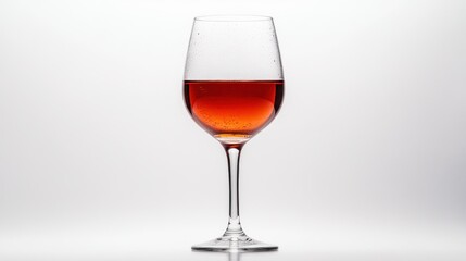 A glass filled with a light red liquid against a plain white background