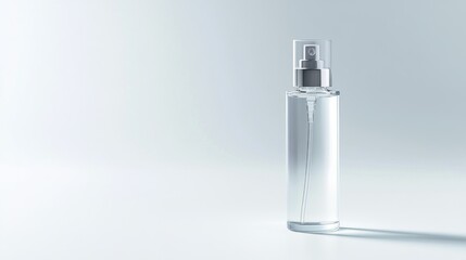 Clear spray bottle with silver accents on a light blue and white gradient