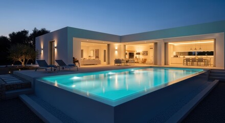 Modern luxury villa with illuminated pool at dusk