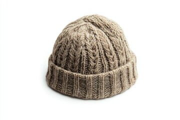 Close up of a beige knitted beanie hat isolated on a white background