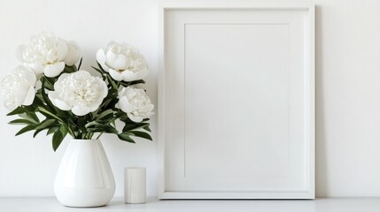 Still life of white peonies in a vase next to a blank picture frame art
