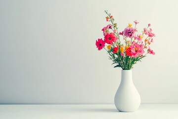 Naklejka premium Still life of colorful flowers in a white vase against a white background