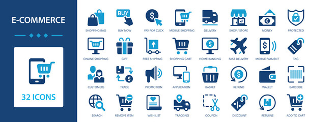 E-commerce flat icons collection. Online store and shopping. set. Marketplace, delivery, store, marketing, money.