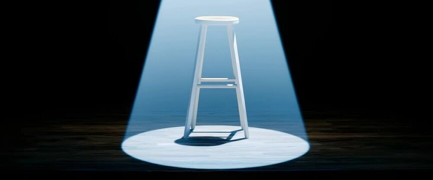 A wooden stool is sitting on a stage. The stool is empty and the stage is dark. Scene is somber and quiet