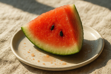 Fresh watermelon slice on a plate in sunlight. summer picnic