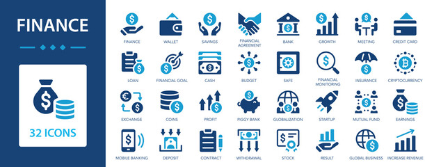 Finance flat icons collection. Financial monitoring and accounting.