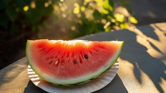 A slice of watermelon rests on a paper plate. The fruit has a vibrant red interior and green rind. Sunlight filters through leaves in the background.