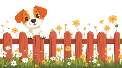 Adorable Dog Sitting on Fence with Copy Space Background Vector Illustration