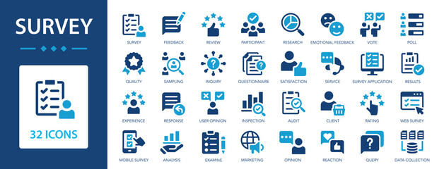 Survey icon set. Feedback and review symbol collection. Opinion, satisfaction, research, questionnaire, poll.