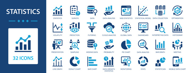 Statistics icon set. Demonstrate information using graphs and charts. Data, prediction, survey, prediction, pie chart, presentation, cloud analysis.