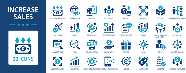 Increase sale icon set. Ways to increase profits. Growth profit, profit, strategy, sales, marketing, vision, seo.