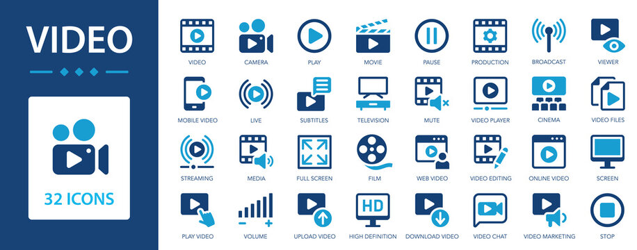 Video flat icons set. Cinema, screen, streaming, film, play, player, movie, pause icons and more signs. Flat icon collection.