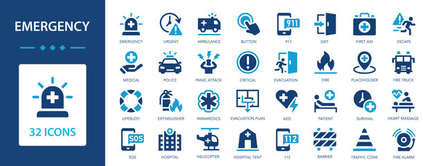 Naklejka premium Emergency icon set. Ambulance, 911, urgency, police, medical, SOS,hospital.