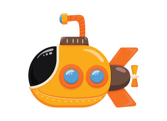 Bright bathyscaphe. Cute yellow submarine in cartoon style. Underwater transport. Vector illustration.